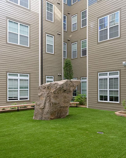 Decorative rock in courtyard