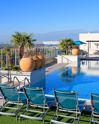 Resort style pool and lounge seating