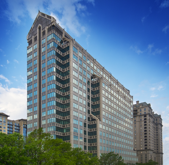 Building exterior with reflective windows 